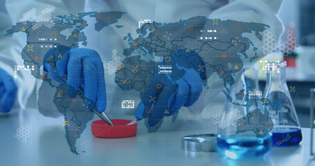Image of data processing and world map over male scientist