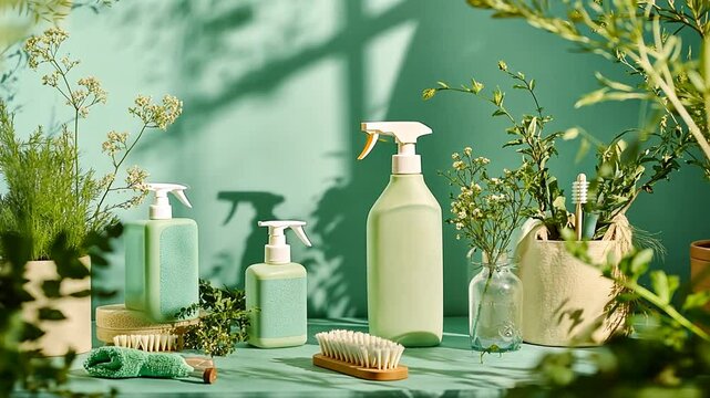 Eco-friendly bathroom products displayed with plants and brushes on a mint green surface.