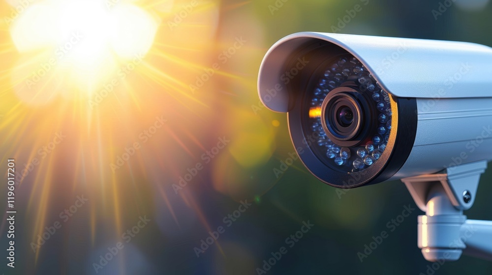 Poster a security camera captures sunlight, highlighting its design and functionality in monitoring and sur
