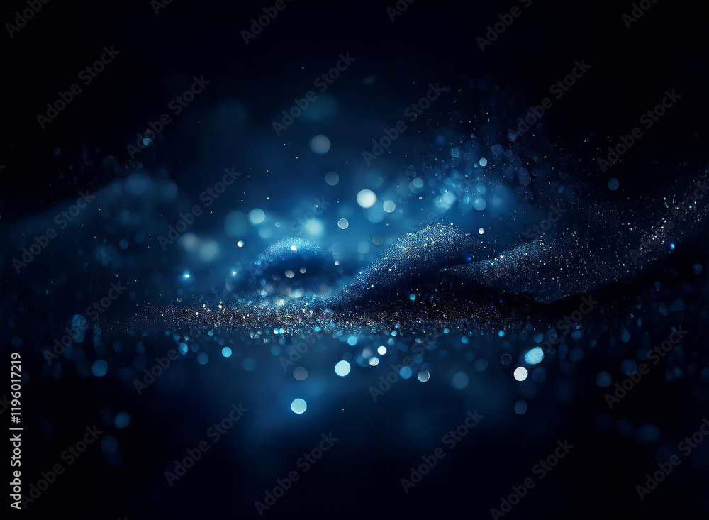 Poster dark blue abstract image with glittering particles, resembling cosmic dust or deep ocean depths. spa