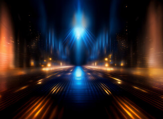 A futuristic city street at night, illuminated by vibrant blue and orange neon lights, creating a symmetrical, dynamic perspective.  The reflective surface suggests speed and movement.