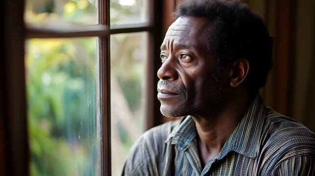 A pensive elderly man gazes thoughtfully out a window