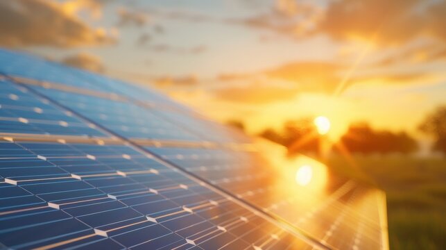 A close-up of solar panels reflecting sunlight at sunset, highlighting renewable energy and a sustainable future.