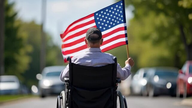 Veteran in Wheelchair Proudly Holding American Flag on a Sunny Day, Celebrating Patriotism and Freedom in a Modern Urban Environment