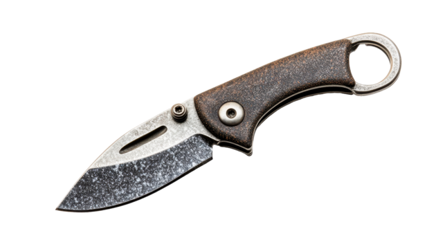 A close-up of a sleek folding knife with a textured handle. transparent background