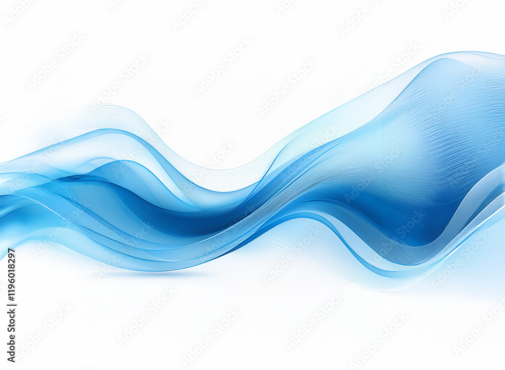 Poster abstract image of flowing, translucent blue waves on a white background. the waves create a sense of