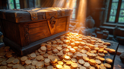 A treasure chest overflowing with gold coins set in an ancient dungeon bathed in soft daylight symbolizes wealth discovery mystery adventure and the allure of hidden riches inspiring endless curiosity