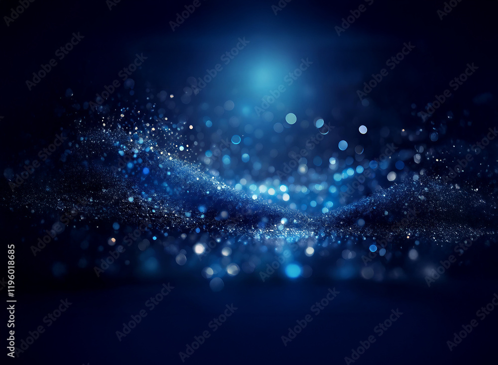 Poster abstract image of shimmering particles, glowing blue and white, undulating like waves in a dark, dee