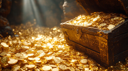 A treasure chest overflowing with gold coins set in an ancient dungeon bathed in soft daylight symbolizes wealth discovery mystery adventure and the allure of hidden riches inspiring endless curiosity