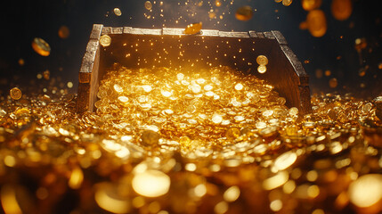 A treasure chest overflowing with gold coins set in an ancient dungeon bathed in soft daylight symbolizes wealth discovery mystery adventure and the allure of hidden riches inspiring endless curiosity