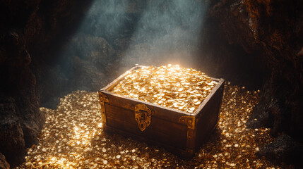A treasure chest overflowing with gold coins set in an ancient dungeon bathed in soft daylight symbolizes wealth discovery mystery adventure and the allure of hidden riches inspiring endless curiosity