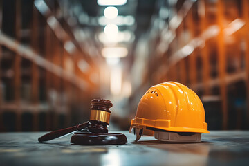 Fototapeta premium Gavel and Hard Hat in Warehouse Setting