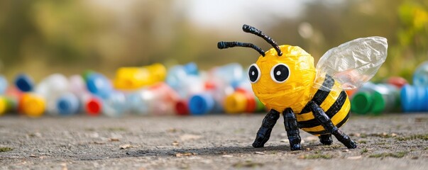 Creative plastic bottle bumblebee art installation outdoors