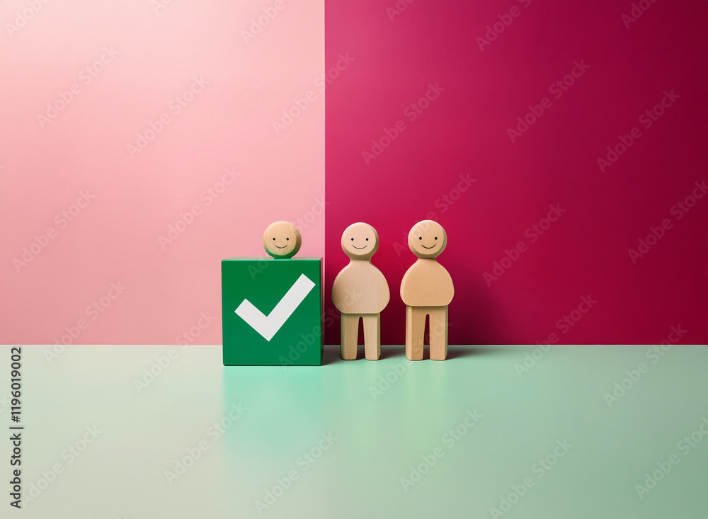 Poster wooden figures stand against a pink and maroon backdrop. one figure stands near a green block with a