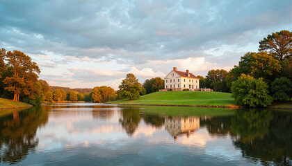 Obraz premium Historic mansion reflected in serene lake at sunset