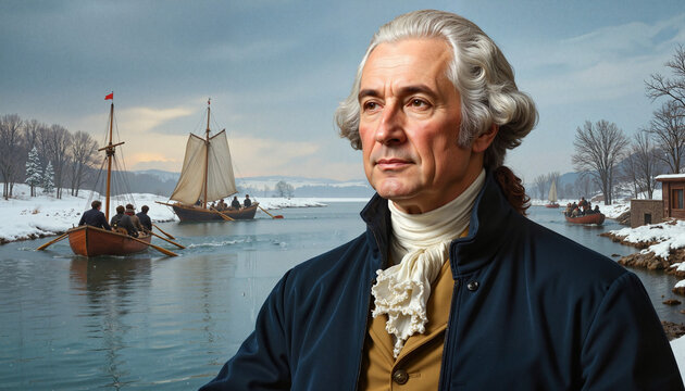 Historical portrait of a man with colonial ships on winter river