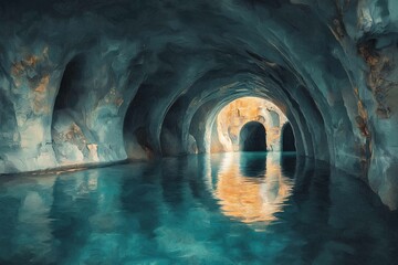 underground lake inside cave with remains of the old town and corridors, digital painting