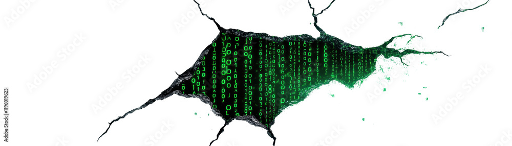 Fototapete Abstract digital glitch with green binary code elements. transparent background