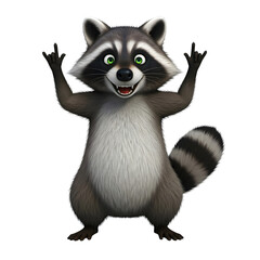 Obraz premium A 3D illustration of a cheerful raccoon standing on two legs, smiling with wide eyes, and raising both hands in a playful gesture. Transparent background