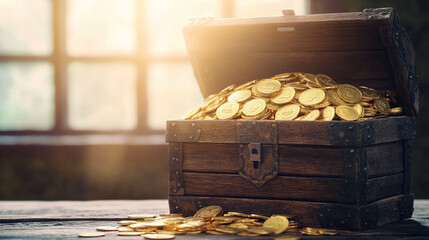 A treasure chest overflowing with gold coins set in an ancient dungeon bathed in soft daylight symbolizes wealth discovery mystery adventure and the allure of hidden riches inspiring endless curiosity