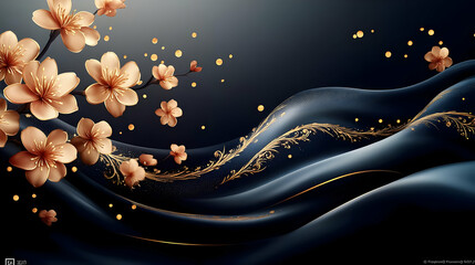 Elegant Dark Blue and Gold Floral Silk Background with Wave Pattern