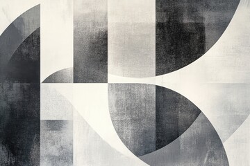 Abstract grayscale geometric art featuring curved and rectangular shapes