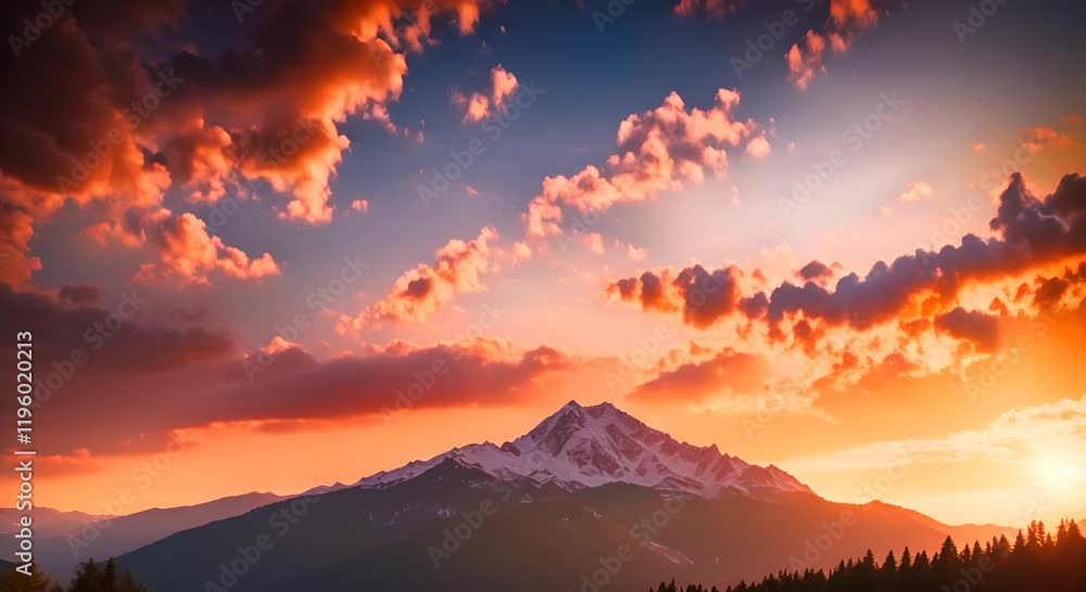 Aufkleber a sunset over a mountain with trees and clouds in the sky scenic view of a mountain trees and clouds