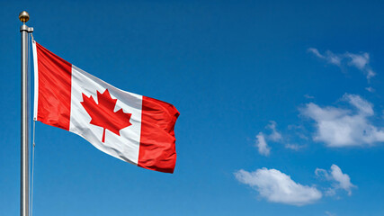 National flag of Canada, waving against blue sky, official flag of the nation, blowing in the wind 