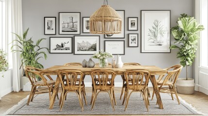 D illustration of a stylish dining space with wooden furniture and soft, natural textures.