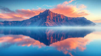 Fototapeta premium Volcanic Mountain Reflection in Calm Lake at Morning Light Serene Nature Photography