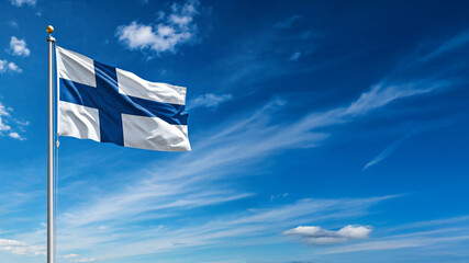 national flag of Finland waving against blue sky, official flag of the nation, blowing in the wind
