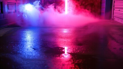 Neon Lights Reflecting in Wet Garage Floor with Smoke.