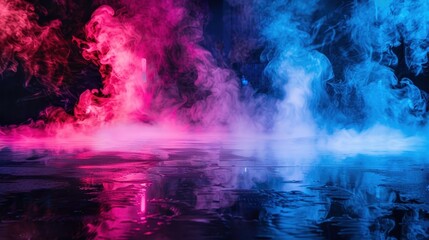 Abstract Pink and Blue Smoke Background with Reflective Surface.