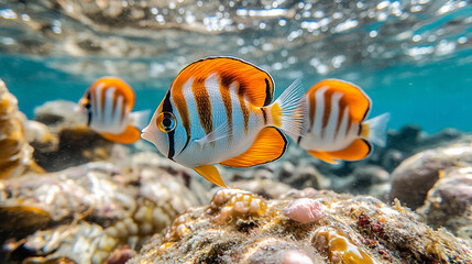Fototapeta premium Vivid underwater ocean world with crystal-clear waters showcasing extraordinary marine life colorful coral reefs tranquil yet chaotic beauty symbolizing life diversity connection and hidden mysteries 