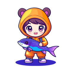 Cheerful child holding a big fish cartoon style playful environment colorful illustration fun concept