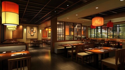 D rendering of a modern dining space with natural wood furniture and a warm, airy ambiance.