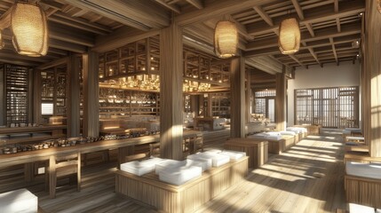 D rendering of a Scandinavian dining room with light wooden furniture and minimalist decor.