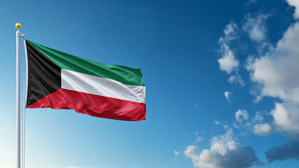 national flag of Kuwait waving against blue sky, official flag of the nation, blowing in the wind
