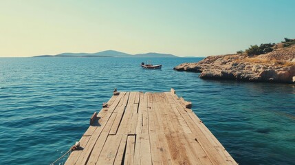 Obraz premium An old wooden pier stretching into the sea at a quiet port.
