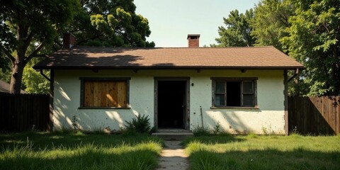A neglected, single-story dwelling with boarded-up windows, showing signs of age and disrepair, sits quietly on a grassy lot, partially shaded by mature trees.