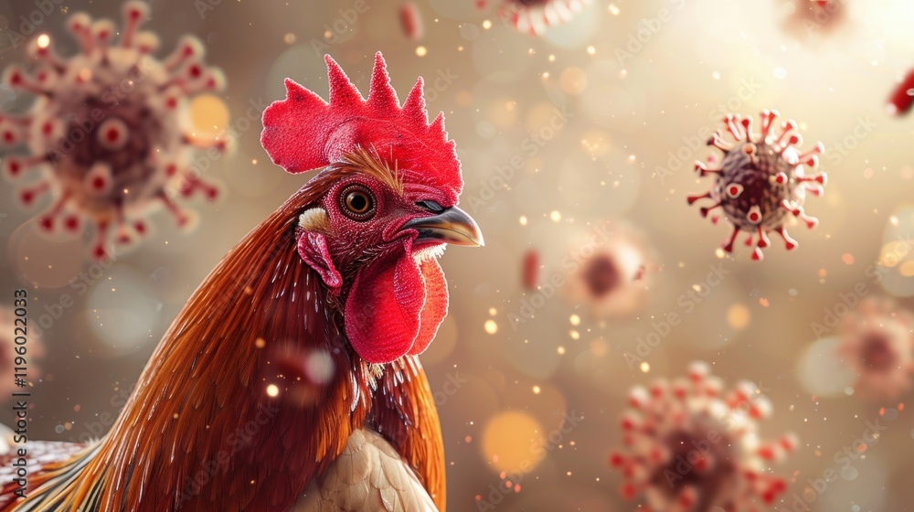 Poster a detailed image of a rooster surrounded by floating virus particles, creating a stark contrast betw