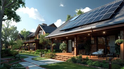 Naklejka premium Row of residential houses featuring solar panels installed on rooftops for renewable energy generation