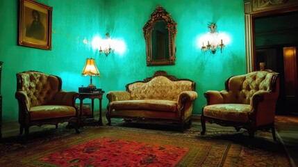 Fototapeta premium Art deco-inspired green-walled room with luxurious furniture and night lighting.