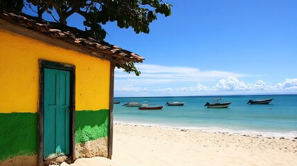 Fototapeta premium A brightly painted fishing hut on a sandy beach with boats in the background.