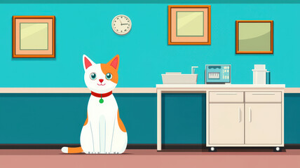 Happy cat in colorful vet clinic with clock and cabinets, World spay day concept