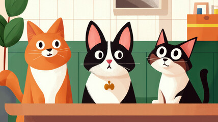 Happy cartoon cats in vet clinic, ready for spay day, World spay day concept