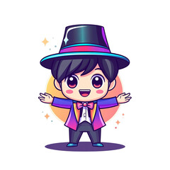 Cheerful cartoon magician performing magic tricks fantasy world digital illustration colorful background playful mood