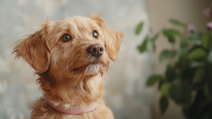 Adorable spayed rescue dog with expressive eyes, looking thoughtfully, World spay day concept