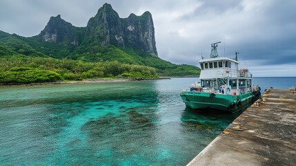 Fototapeta premium A ferry arriving at a scenic island port surrounded by clear sea.