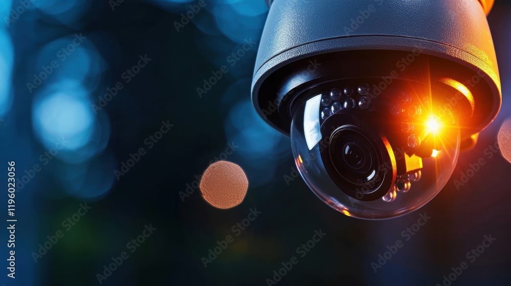 Poster a close-up of a security camera with a glowing light, set against a blurred background, emphasizing 